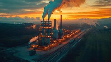 Located in a remote area, a manufacturing plant operates during sunset, showcasing numerous smokestacks emitting steam. The facility is involved in petrochemical synthesis and processing. photo