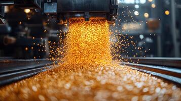 Bright particles cascade from a manufacturing machine in a refinery, illustrating the automation and engineering involved in chemical processing and synthesis operations. photo