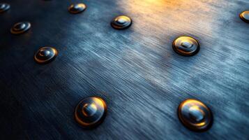 A detailed close-up of a metallic surface highlights rivets and texture, illustrating the craftsmanship involved in metalworking and manufacturing processes. photo