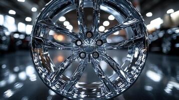 A chrome wheel is prominently displayed with intricate details in a contemporary manufacturing facility. photo