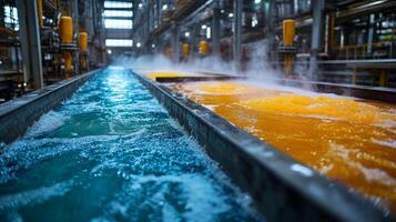 In a factory setting, colorful liquids are processed in large channels, highlighting advanced automation and engineering in the petrochemical industry. The environment is busy and engaging. photo