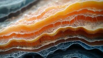 Intricate patterns of colored geological layers display the natural processes of sedimentation and mineral deposition. This close-up view reveals rich textures in diverse hues. photo