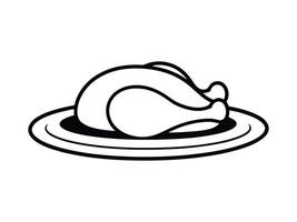 Black and white illustration of a chicken leg served on a plate. Perfect for food related designs, restaurant menus or culinary projects. Simple line art style. vector