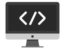 Flat design illustration of computer monitor displaying code symbols. Ideal for web development, programming, technology concepts and digital solutions. vector