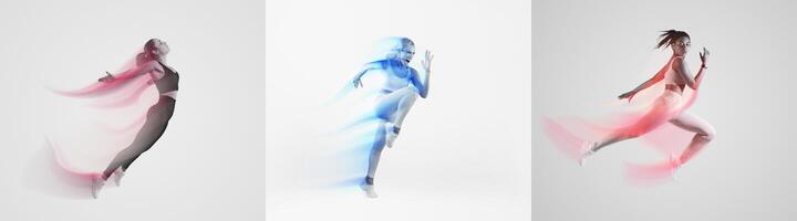Three athletic individuals are captured in mid-motion, displaying vibrant energy and commitment to fitness. Each figure is surrounded by abstract colors, emphasizing a healthy lifestyle. photo