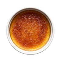 Golden-brown custard dessert with hard caramel top in a white ramekin isolated on transparent background png