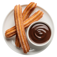 Golden churros arranged on a white plate with a bowl of rich, dark chocolate sauce for dipping isolated on transparent background png