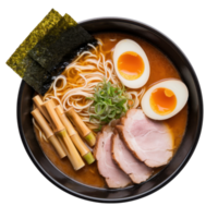 A hearty bowl of ramen filled with noodles, rich broth, sliced meat, soft boiled eggs, green onions, seaweed, and bamboo isolated on transparent background png