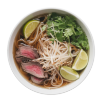 A flavorful noodle bowl filled with slices of rare beef, fresh sprouts, herbs, and lime wedges isolated on transparent background png