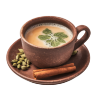 Warm beverage featuring a spiced drink with herbs, cinnamon sticks, and cardamom pods in a brown ceramic mug isolated on transparent background png