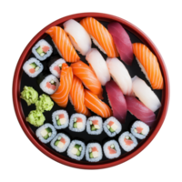 A vibrant assortment of sushi displayed on a dark platter. Includes nigiri, maki, and rolls isolated on transparent background png