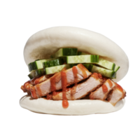 Steamed bun filled with slices of meat, cucumber, and a red sauce isolated on transparent background png