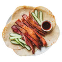 Crispy duck with cucumbers and sauce, served on delicate pancakes isolated on transparent background png