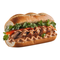 Delicious grilled chicken sandwich with fresh cilantro, julienned carrots, and a creamy sauce isolated on transparent background png