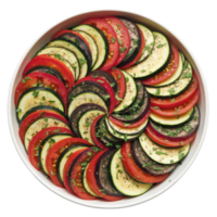 A Medley of Eggplant, Zucchini, and Tomato Slices Arranged in a Spiral Pattern isolated on transparent background png