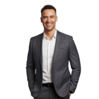 A cheerful man in a well-fitted suit exudes confidence and style isolated on transparent background png