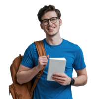 sorridente aluna com óculos e mochila detém uma livro isolado em transparente fundo png