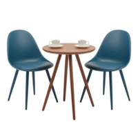 A cozy setup with two blue chairs flanking a round wooden table set for coffee isolated on transparent background png