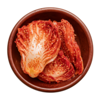 A vibrant bowl of kimchi, fermented vegetable dish, features red-tinged cabbage coated in spices and sesame seeds isolated on transparent background png