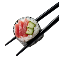 Close-up of sushi roll with red fish and cucumber held by chopsticks png