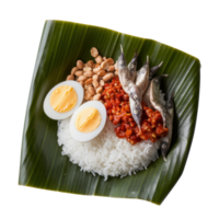 Authentic Asian cuisine featuring rice, boiled eggs, fried fish, peanuts and sambal on a banana leaf isolated on transparent background png