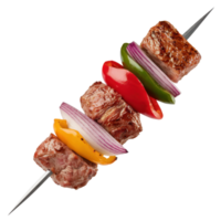 Grilled skewer with colorful bell peppers and beef cubes isolated on transparent background png