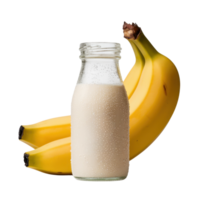 Refreshing banana smoothie in a glass bottle, surrounded by ripe bananas isolated on transparent background png