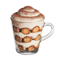 Delicious tiramisu dessert in a clear glass mug, featuring layers of biscuits and creamy filling, topped with cocoa powder isolated on transparent background png