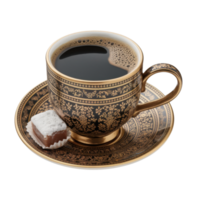 Elegant coffee cup filled with dark coffee on a matching saucer isolated on transparent background png
