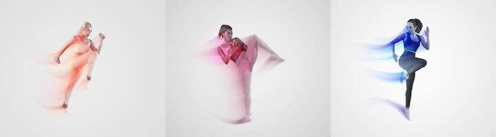 Three athletic people perform diverse workout movements in a minimalistic setting. Their colorful outfits and dynamic poses highlight an active lifestyle embraced by millennials. photo