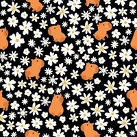 Seamless capybaras print with white flowers. vector