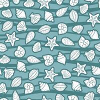 Hand drawn sea shells seamless pattern. Summer marine print design with seashells sketch drawings on striped blue background. vector