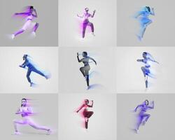 A collage featuring energetic athletes engaged in various workout activities. The focus is on their impressive movements and commitment to a healthy, active lifestyle in a minimalist setting. photo