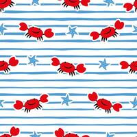 Cartoon summer seamless pattern with crabs and seashells on striped background. vector