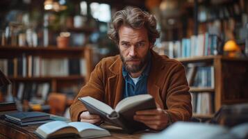 A man studies quantum physics concepts, including qubits and entanglement, in a quiet library filled with books. He focuses on a large book while seated at a wooden table. photo