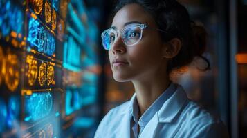 A researcher in a lab examines data related to quantum physics, focusing on qubits and superposition in a complex energy experiment. photo