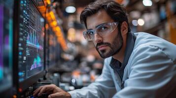 A researcher works meticulously at a computer, analyzing data related to qubits, superposition, and quantum entanglement in a modern laboratory. The atmosphere is focused on scientific discovery. photo