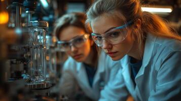 Two scientists in lab coats and safety goggles focus intently on a complex experiment involving qubits and quantum entanglement, demonstrating advanced research techniques. photo