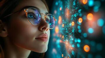 A young woman with glasses gazes intently at a vibrant representation of quantum mechanics concepts, including qubits and entanglement. Bright colors illuminate her focus on energy and simulation. photo