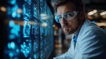 A scientist wearing protective eyewear studies quantum mechanics principles on a digital interface, observing data on qubits, superposition, and entanglement in a research setting. photo