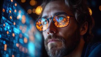 A researcher focused on quantum computing analyzes complex datasets using neural networks. Bright reflections illuminate their glasses, revealing intricate data patterns. photo