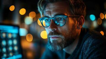A person focuses intently on computer screens displaying quantum computing concepts at night. The environment features soft background lights that enhance concentration on the work. photo