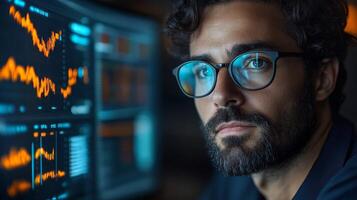 A researcher analyzes complex datasets related to quantum computing and machine learning in a contemporary office. Focus is on algorithms as he provides insights into qubits and neural networks. photo