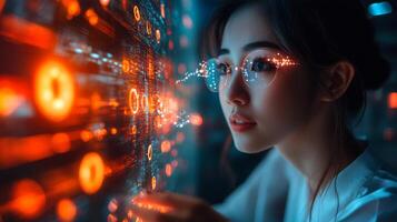 A researcher engages with a digital interface showcasing vibrant representations of qubits and quantum concepts. The environment emphasizes the fusion of technology and physics. photo