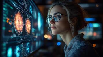 A researcher analyzes quantum algorithms on a large screen in a modern laboratory, focusing on superposition, entanglement, and optimization techniques. photo