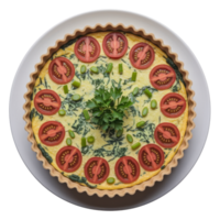 Top view of a quiche with a flaky crust filled with spinach, cherry tomatoes, and green beans, garnished with parsley isolated on transparent background png