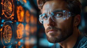 A researcher concentrates on quantum mechanics simulations, analyzing complex data on energy, superposition, and entanglement effects in a cutting-edge lab. photo