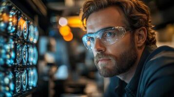 A scientist observes intricate qubit displays in a modern laboratory, showcasing quantum interactions and principles like superposition and entanglement during an experimental session. photo