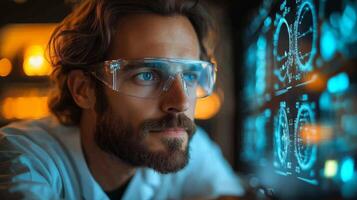 A scientist studies complex quantum physics data on a computer screen, focusing on simulations of qubits, superposition, and entanglement in a lab setting. photo