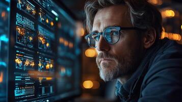 A researcher focuses intently on complex quantum algorithms displayed on multiple monitors, analyzing data to enhance neural network optimization and regression techniques in a dimly lit workspace. photo